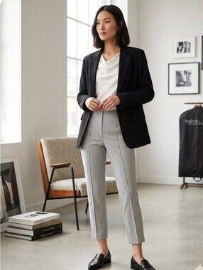 Rachel Zoe Micro-Checkered Pull-On Career Ankle Pants, Size 6